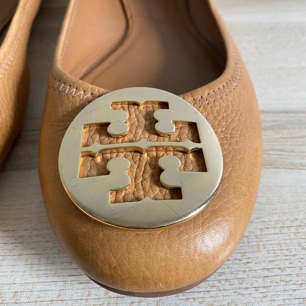 Tory Burch Reva Ballet Flats Leather Royal Tan Size 12 - Picture 6 of 16
